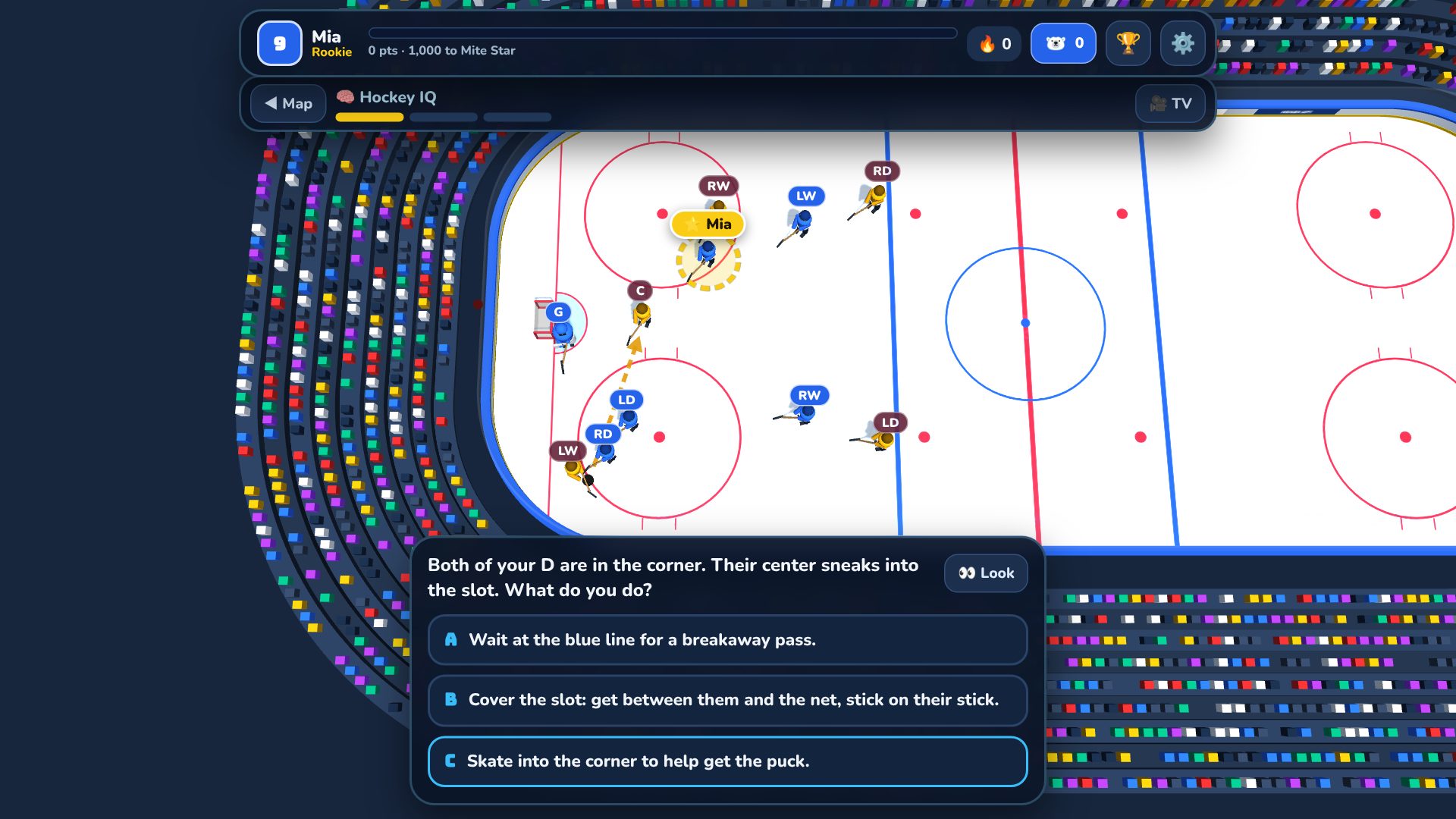 A Hockey IQ question beside the 3D rink, with three answer choices